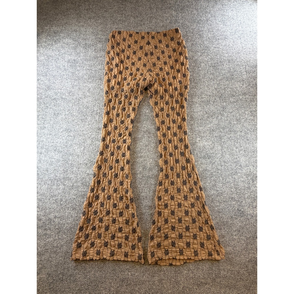 Free People Popcorn Star Flare Pants Tan Black Smocked Bell Bottoms Small - Picture 5 of 5